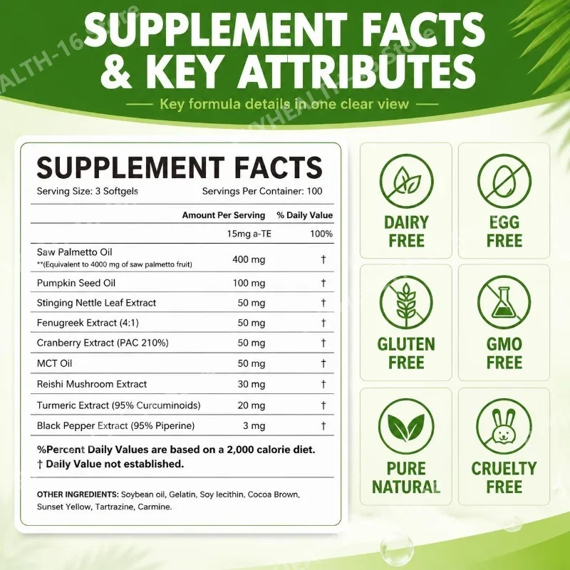 Saw Palmetto Oil Softgels Supports Prostate Health with 85% Fatty Acids, Pumpkin Seed Oil and Cranberry Extract, 300 Softgels