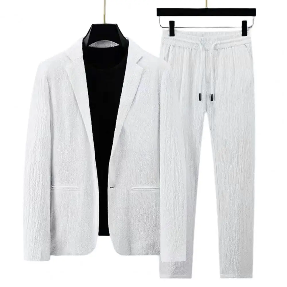 Men Two-piece Suit Striped Pleated Men Blazer Pants Set Pleated Loose Lapel Pockets Turndown Collar Jacket Drawstring Trousers