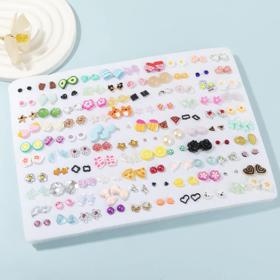 sansango 100Pairs Acrylic Crystal Heart Star Moon Small Stud Earrings Set For Women Animal Flower Plastic Earring Set Jewelry