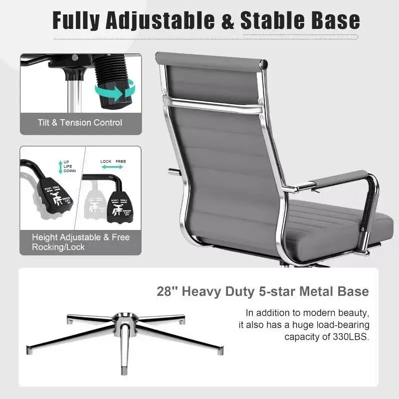 Ergonomic Leather Modern Conference Room Chairs, Executive Ribbed Height Adjustable