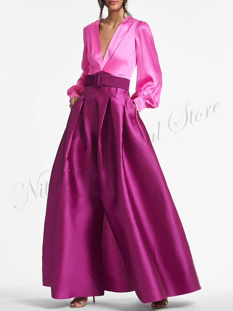 

New Pink Prom Dresses for Woman V-Neck Long Sleeve Ankle-Length A-Line with Belt Formal Occasion Vestidos Para Mujer فستان 2023