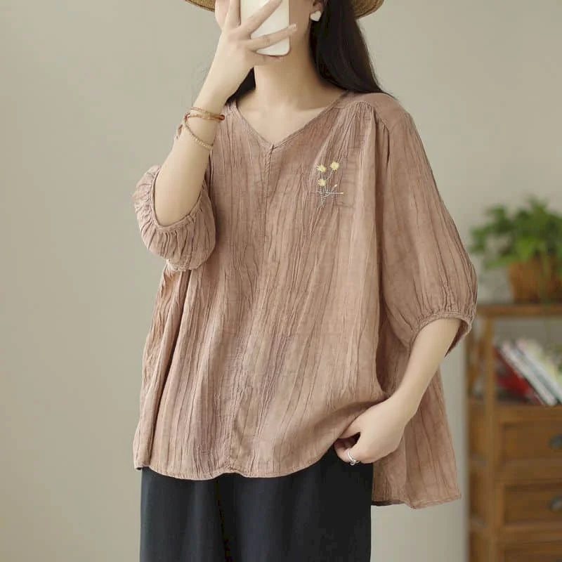 

Shirts for Women Quarter Sleeve Pullover Tops Vintage Solid Linen Fold Design Loose Casual Korean Style V-neck Blouse Women Tops