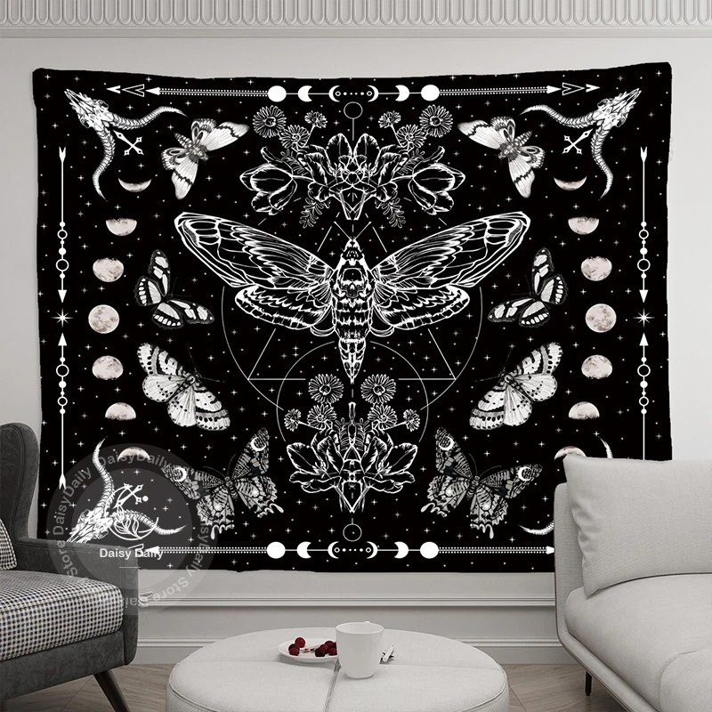 Moon Phase and Stars Black and White Moon Phase Butterfly Tapestries Wall Hanging for Living Room Bedroom Decor