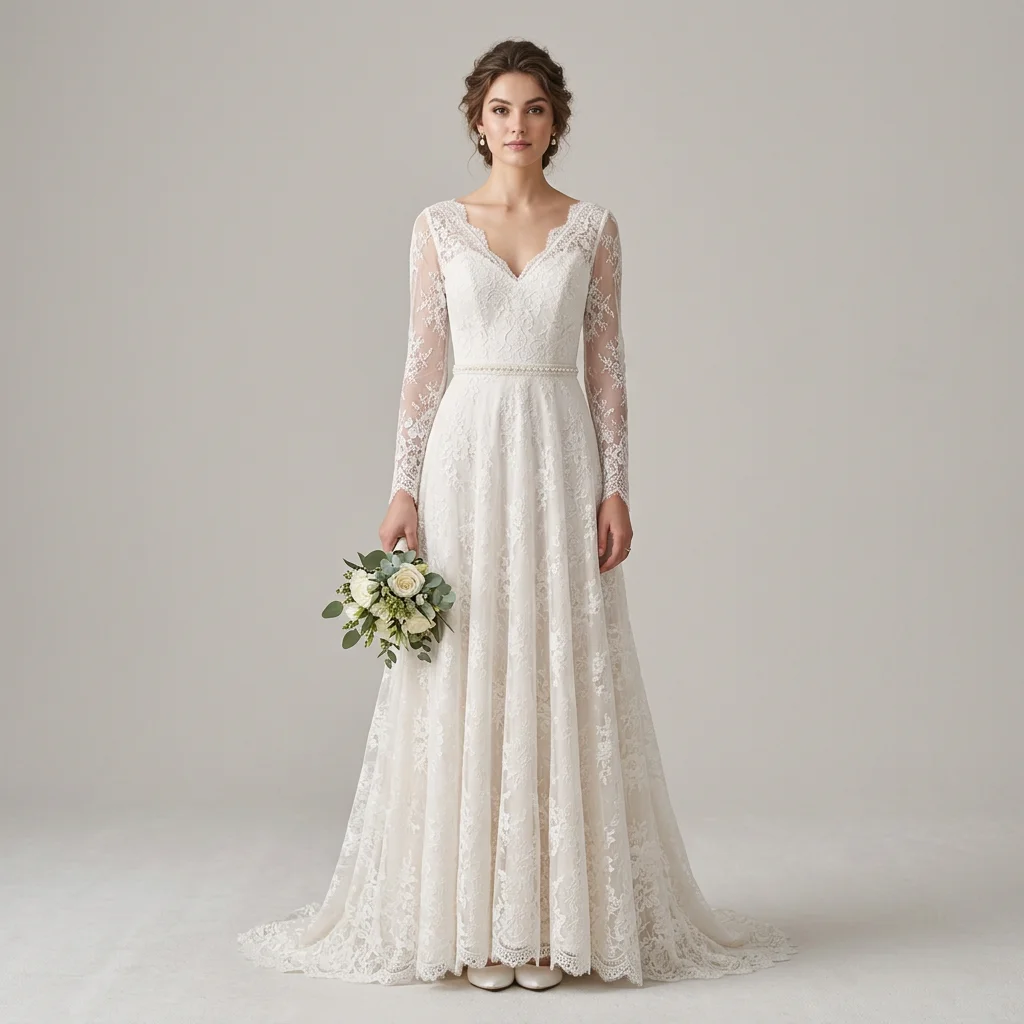 V Neck Long Sleeve Lace A Line Wedding Dress Pearl Beaded Waistband Lace Hem Bridal Gown