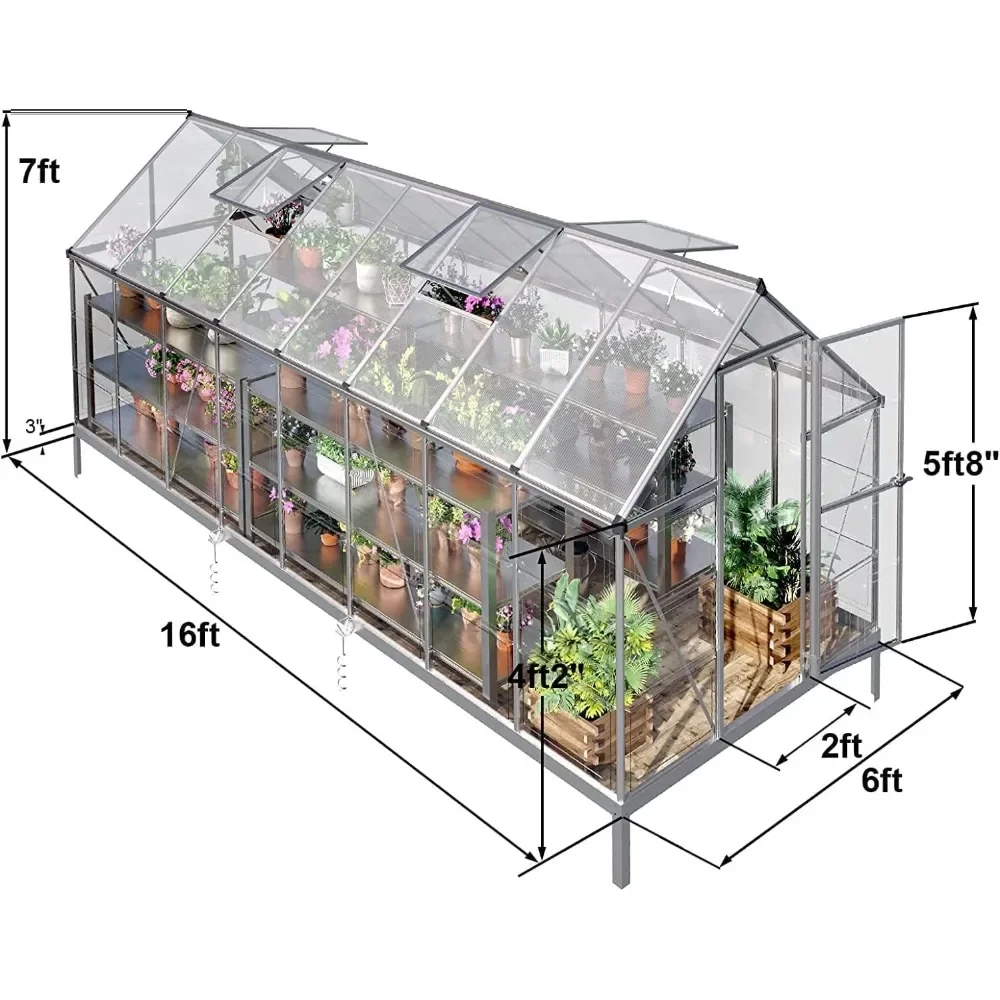 6x16 FT Garden Greenhouses, Hybrid Polycarbonate Greenhouse with Hinged Door and 4 Vent Windows, Aluminum Walk-in Greenhouses