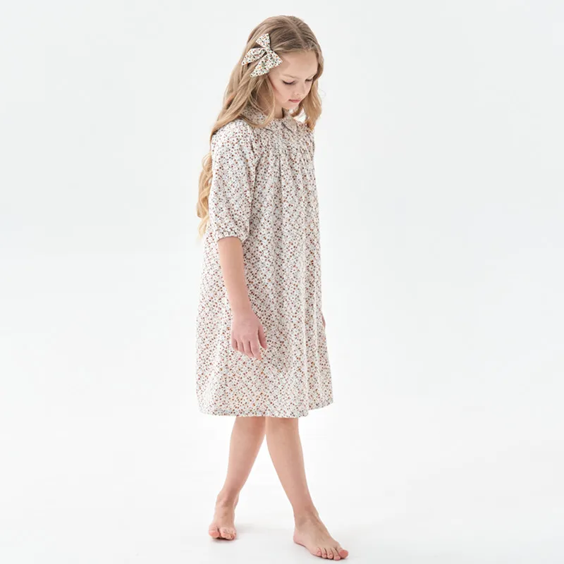 kids girls embroidery brown floral print summer cotton flare dress children girl fashion cotton lining 3/4 sleeve flower dresses