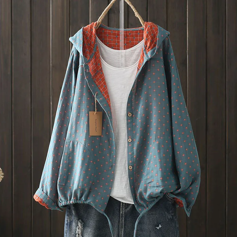 SuperAen Korean Style Hooded Printed Drawstring Shirt Casual Loose Women's Vintage Cotton Lightweight Coats