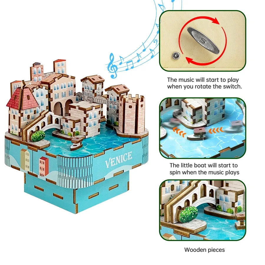 Hot New Arrival Venice 3D Wooden Puzzle Music Box Wind-Up Rotating Gondola DIY Craft Universal Gift for All People Birthday Xmas