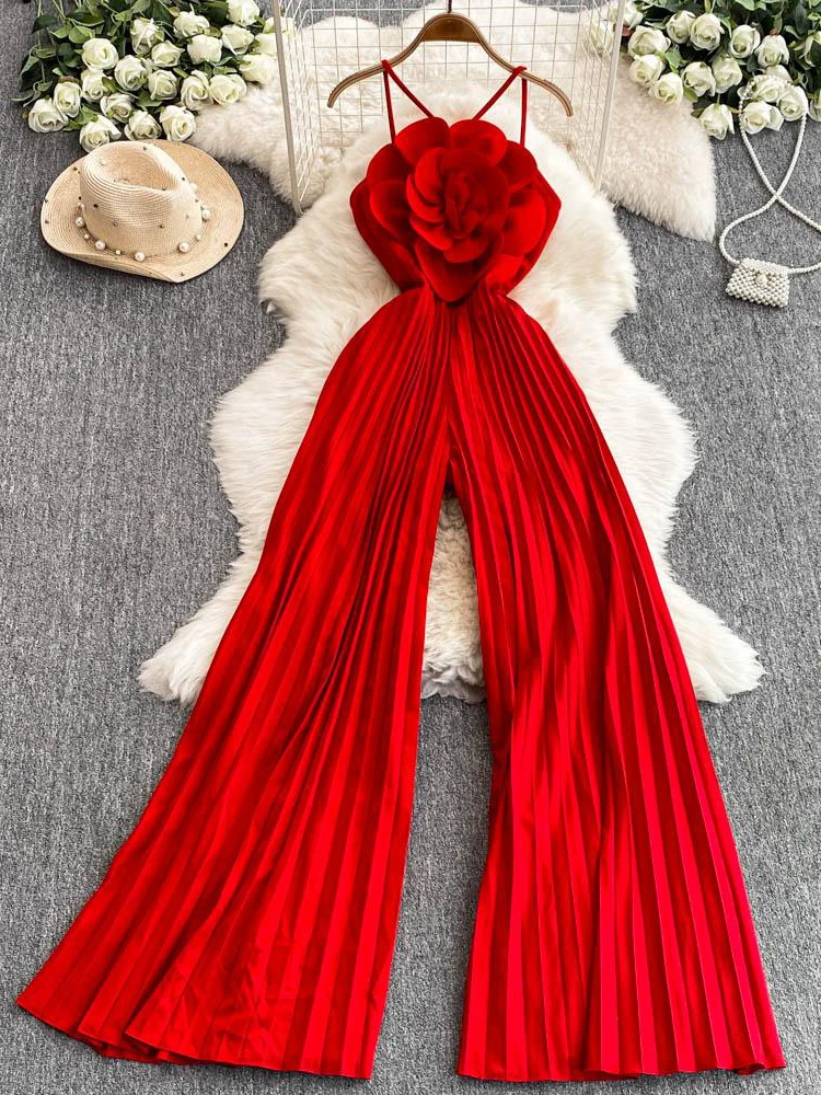 

Beach Vaion Floral Print 3D Flower Women's Summer High Waist Slimming off oulder Bal Pleated Wide Leg Pants