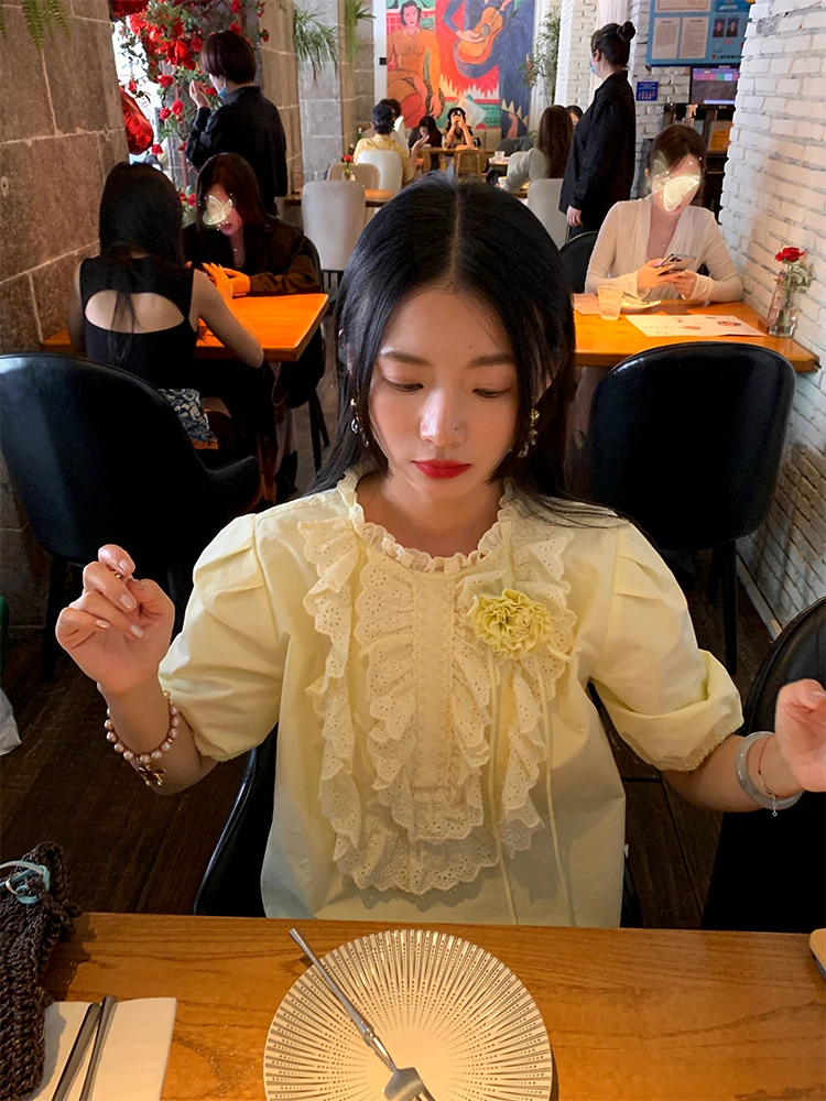 

Yellow Short Sleeve Women's Shirt Summer New Design Overhead Ear Look Top Cotton Pure Breathable Original Design Straight Tube