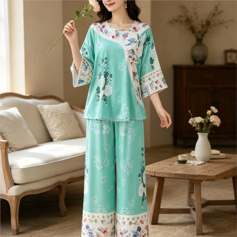 2026 new female chinese pajamas women's spring/summer ethnic style buckle top pants 2-piece female breathable printed sleepwear