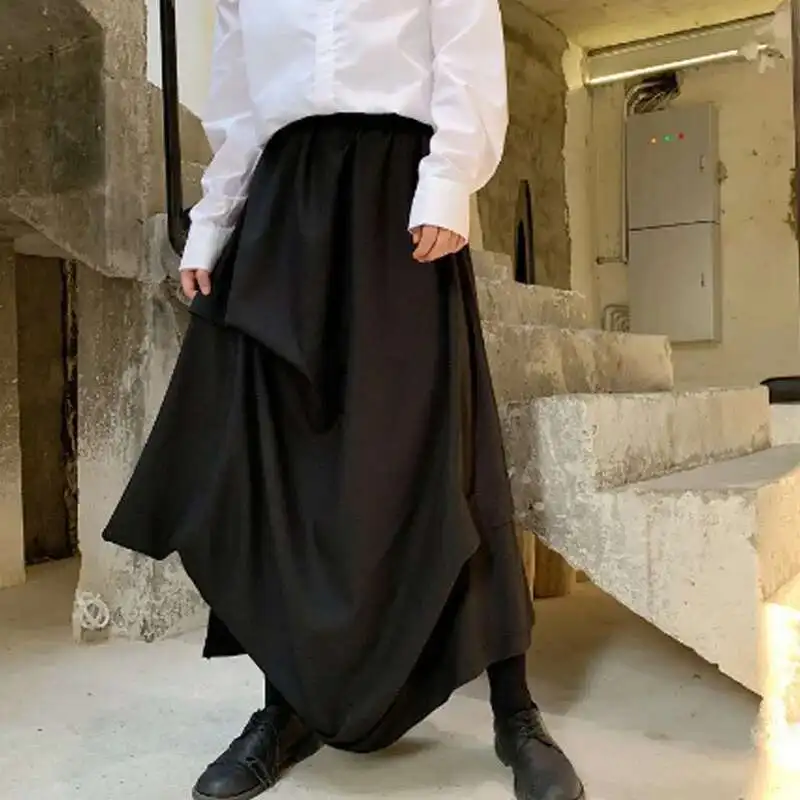 Saias Hop Homens Hip Irregular Estilo Japão Mascuo Streetwear Plissado Solto Casual Punk Gótico Kimono Calças Roupas D