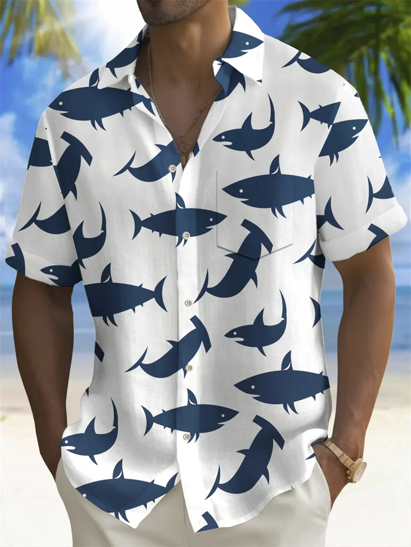 Men\'s 2024 shirt collar fashion Hawaiian shirt short sleeved casual soft men\'s shirt daily shopping social shark picture shirt