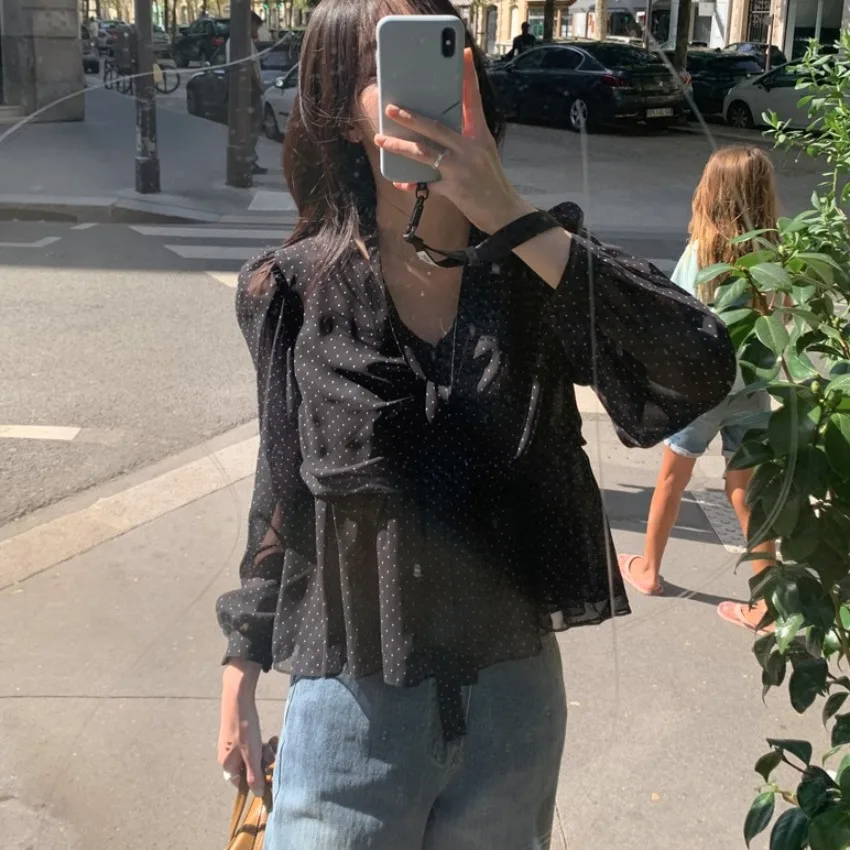 

Ele Chic Женский топ irt V-Ne T с длинным светом из шифона Sa в горошек, модная офисная одежда, дышащая кожа...