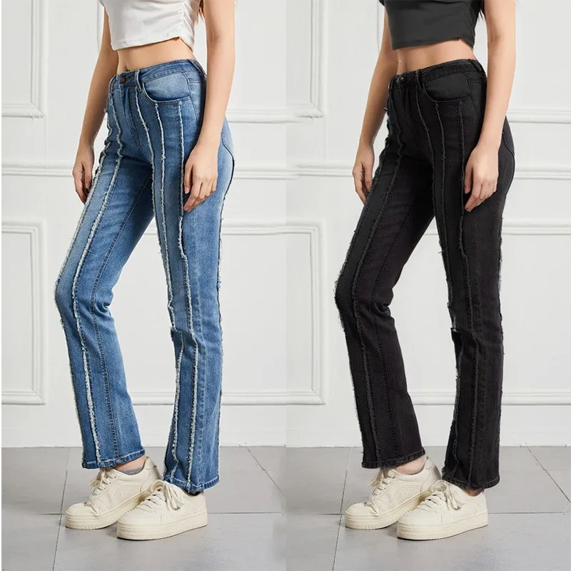 

2025 High Waist Slim Fit Women's Jeans High Elasticity Long Trousers Large Size Women's Pants Frayed Edge Splicing Cross-Border