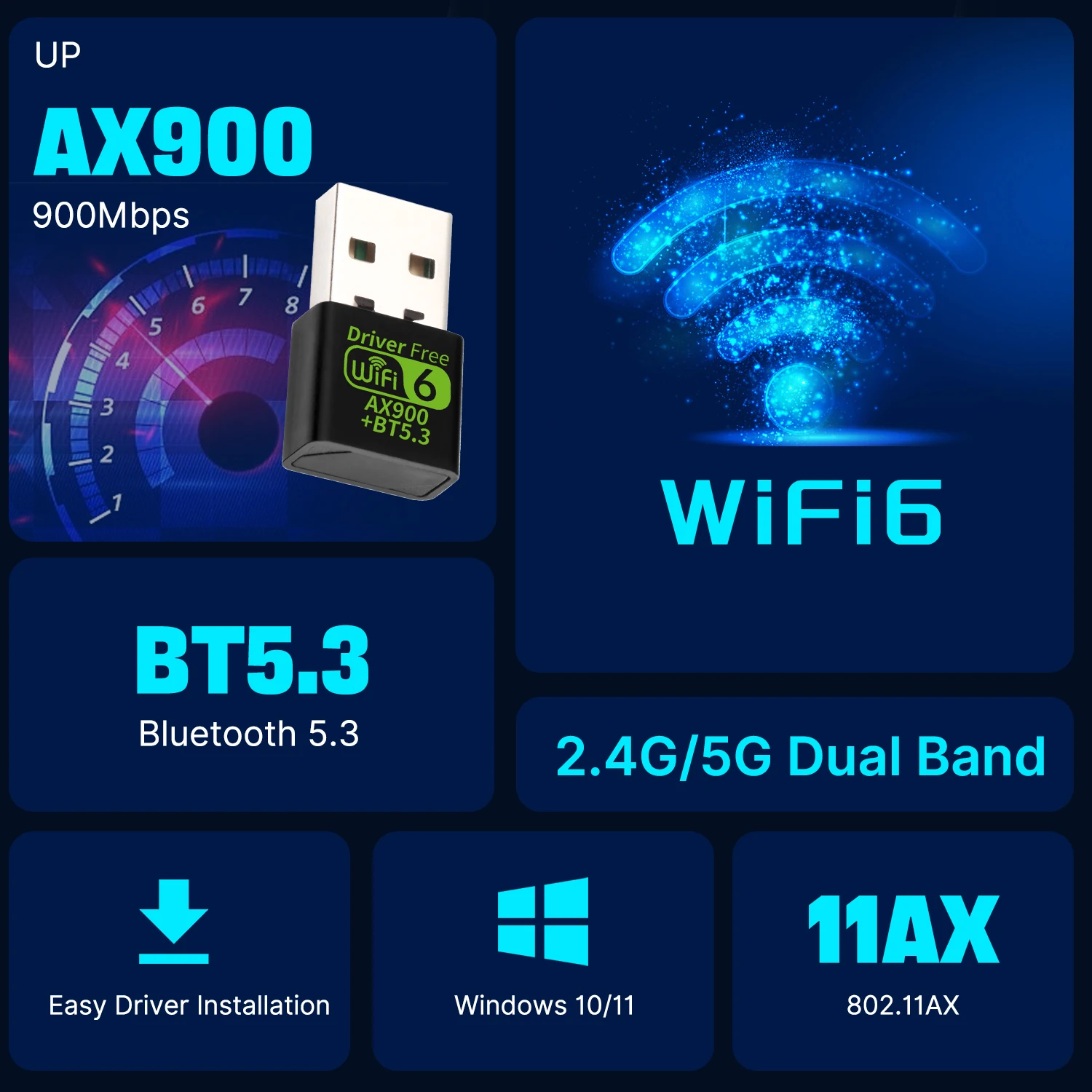 FENVI 900Mbps WiFI 6 USB Adapter Bluetooth 5.3 Wireless Network Card Dual Band Driver Free USB Dongle Wifi6 for PC Win 10 11