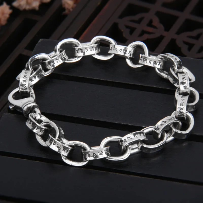 

S925 sterling silver six-character truth bracelet New fashion men's vintage punk Thai silver versatile fashion personality coupl