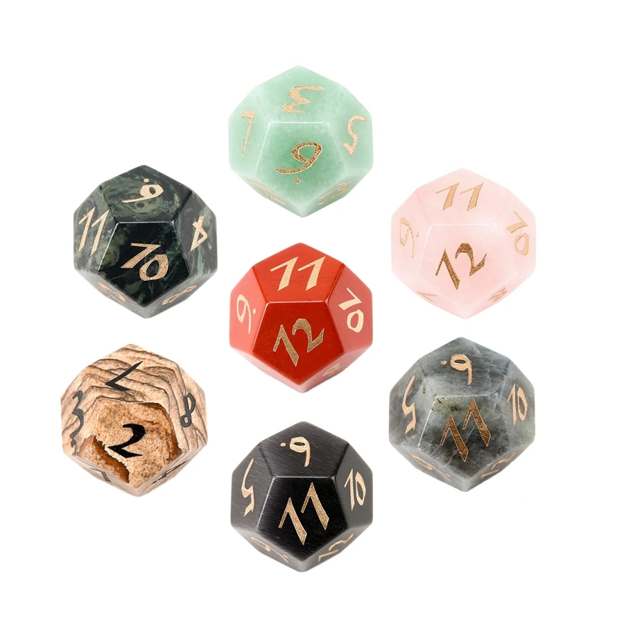 

Spot Goods Natural Crystal D12 Dice Aventurine Rose Quartz Bloodstone Polyhedron Stone Dice Custom Font Symbol Pattern Logo