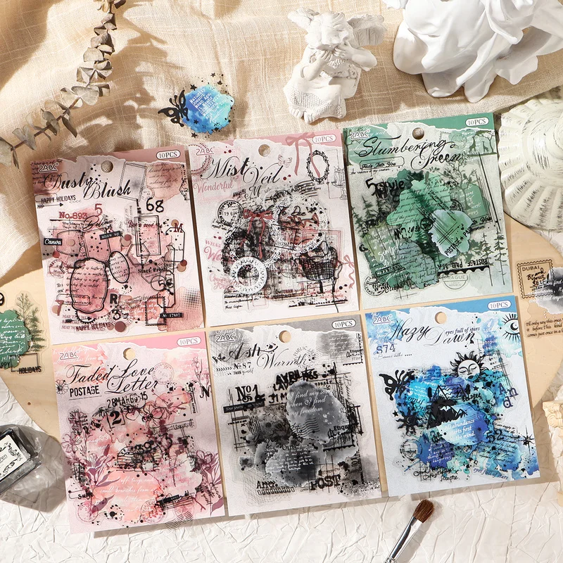 10Pcs INS Island Spectrum PET Stickers, Translucent Watercolor Literary Sticker for Journal Album DIY Craft Projects