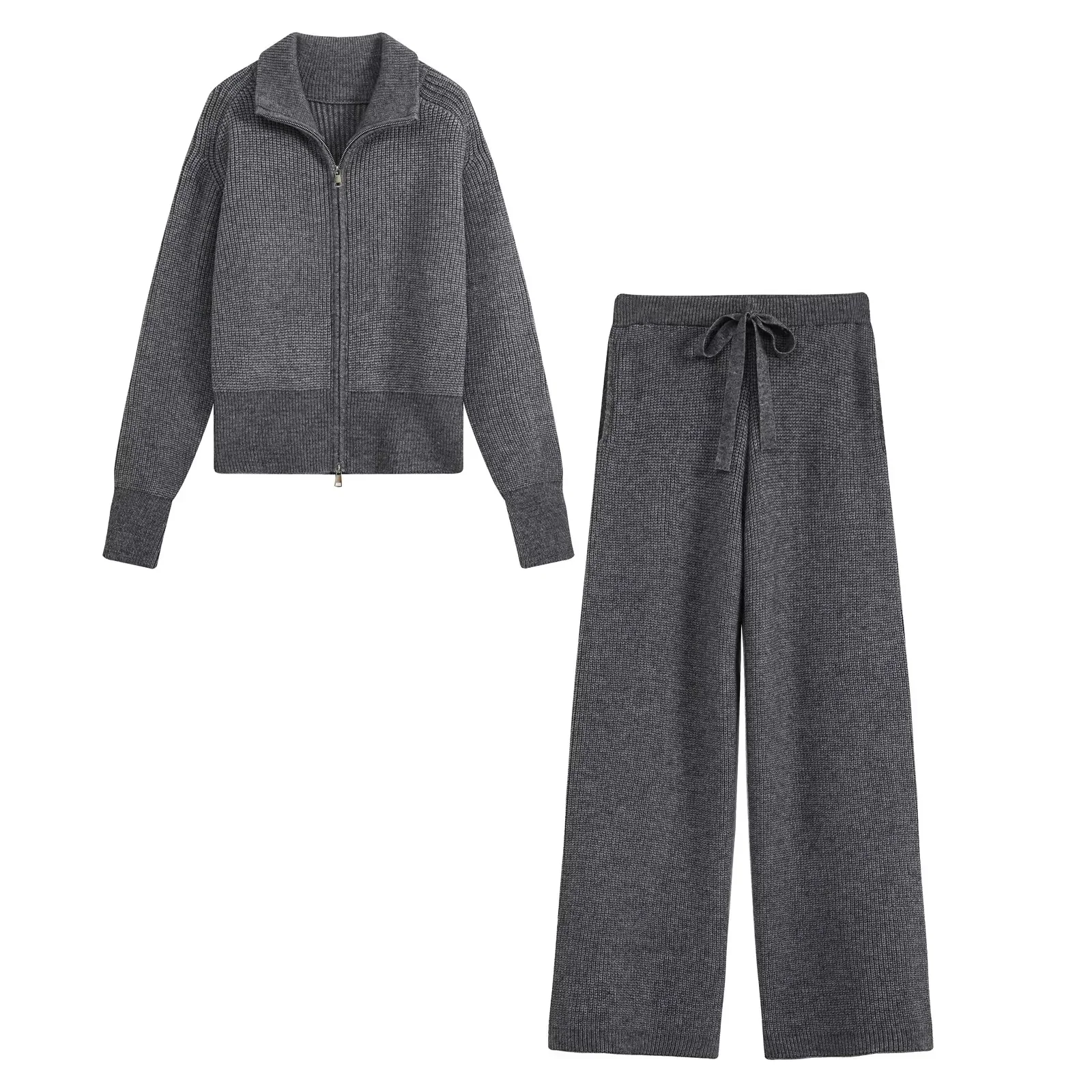 KONDALA Damen Trendiges Pendler-Hosen-Set Reißverschluss-Revers-Strickjacke Elastische Taille Hose Neue Mode 2026 Herbst Winter Freizeit-Set – Detail 4