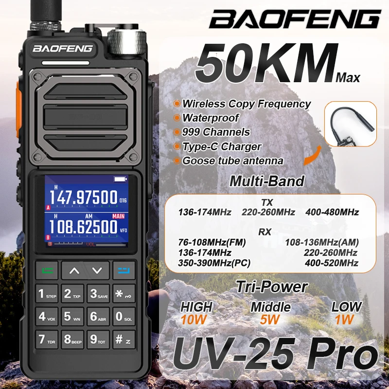 BAOFENG NEW Upgrade UV-25 PRO Walkie Talkie 50KM Tri-Power Wirless Copy Frequency Multi-Band Type-C 999CH AM FM 2 Way Ham Radio