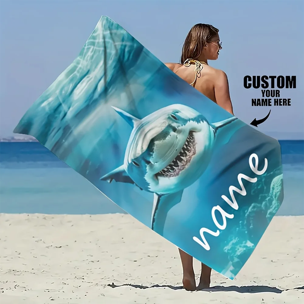 Custom beach towels- Personalized Great White Shark Beach Towel With Custom Name Beach pool party party gifts