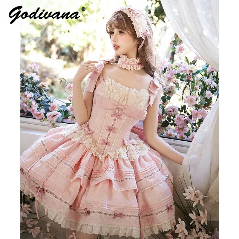 Abito da principessa rosa Jsk per ragazze in stile balletto, nuovo originale, estivo, per ragazze dolci, da donna, con fiocco sottile, per feste di compleanno