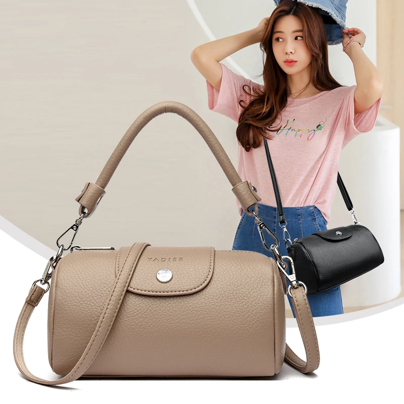 حقيبة كتف نسائية من جلد البولي يوريثان بلون نقي بتصميم عتيق، حقيبة يد أسطوانية فاخرة للاستخدام اليومي، محفظة كروس لمحفظة الهاتف