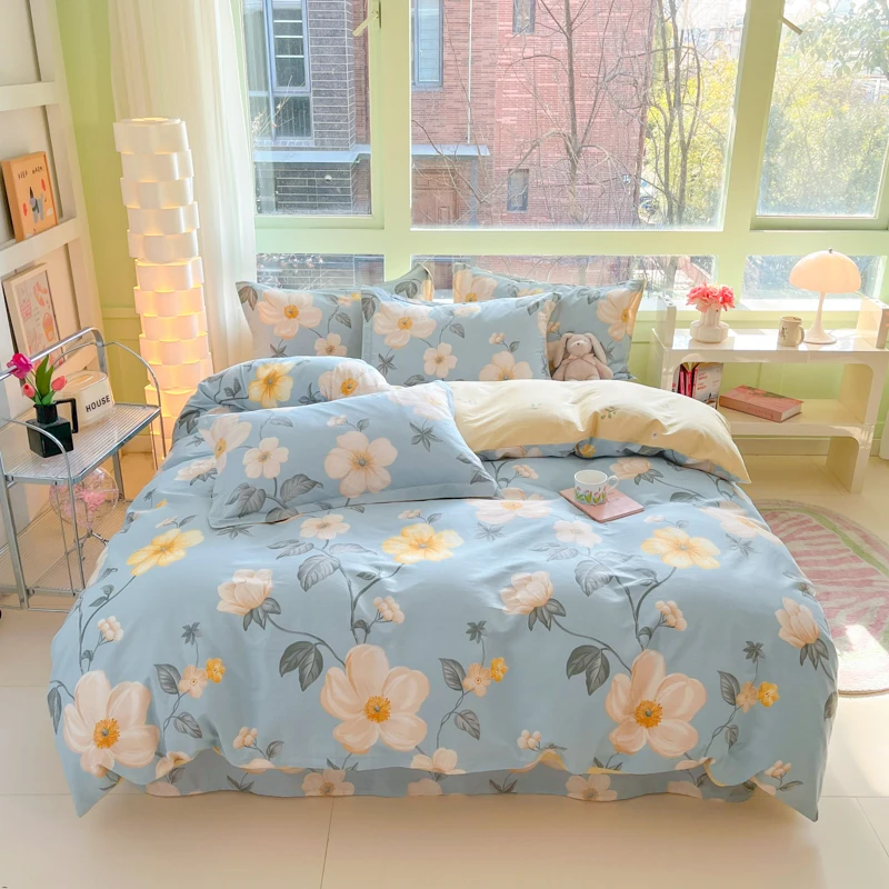 Modern Fresh Floral Pattern Duvet Cover Set 100% Cotton Zipper Skin-friendly Quilt Cover with Pillowcases Boys Girls Bedding Set