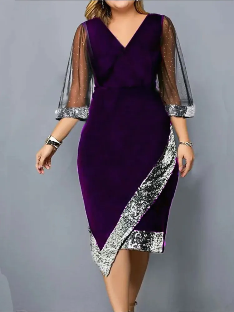 Spring Summer Women\'s Clothing New Fashion Gold Velvet Irregular Sequin See Through Mesh Women\'s Five Quarter Sleeve Dress