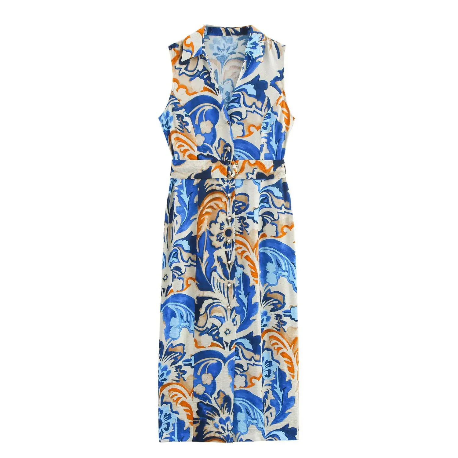 

New summer women's fashion printed temperament elegant lapel single-breasted belt Midi dress