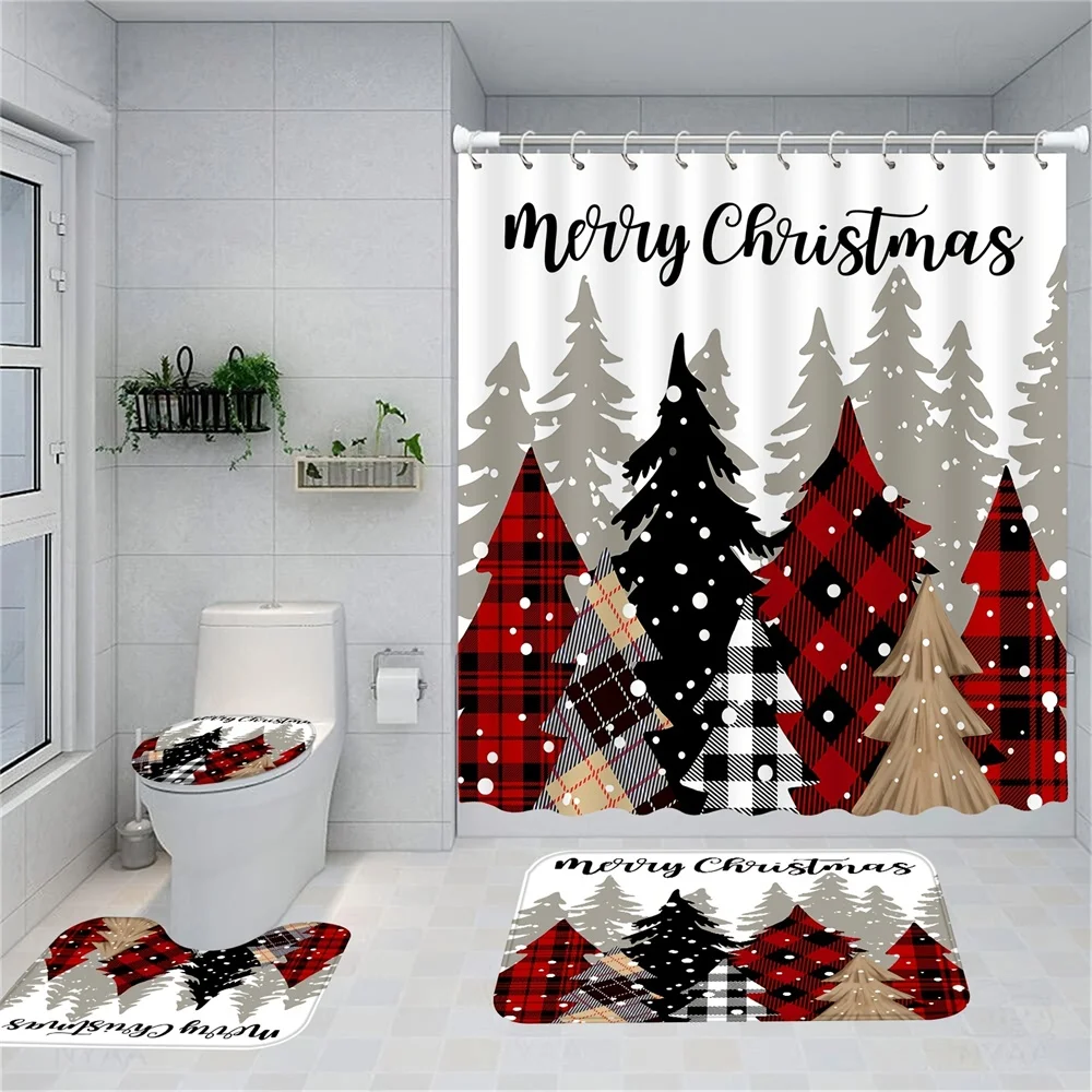 Modern bathroom shower curtain Waterproof family carpet Christmas 4-piece toilet seat cover Carpet bathroom non-slip floor mat