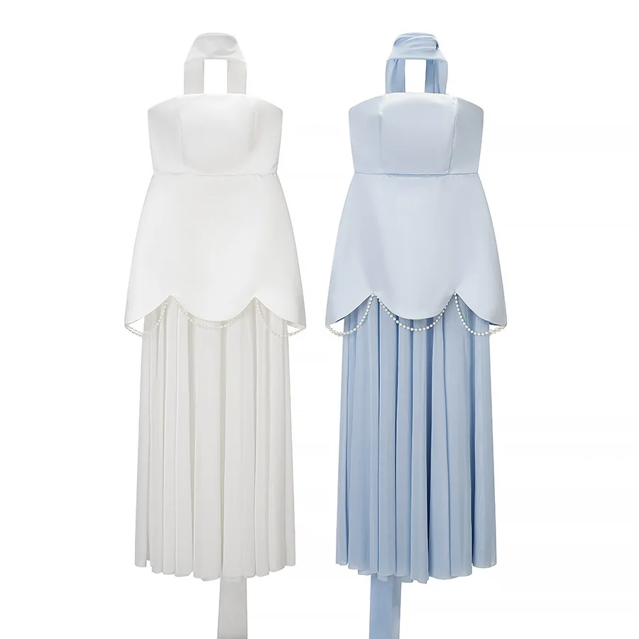 Solid Tie-Accent Floral Hem Evening Gown Strapless Paneled Pearl Chain 2026 Party Elegant Women Maxi Dress Wedding Chic Vestidos