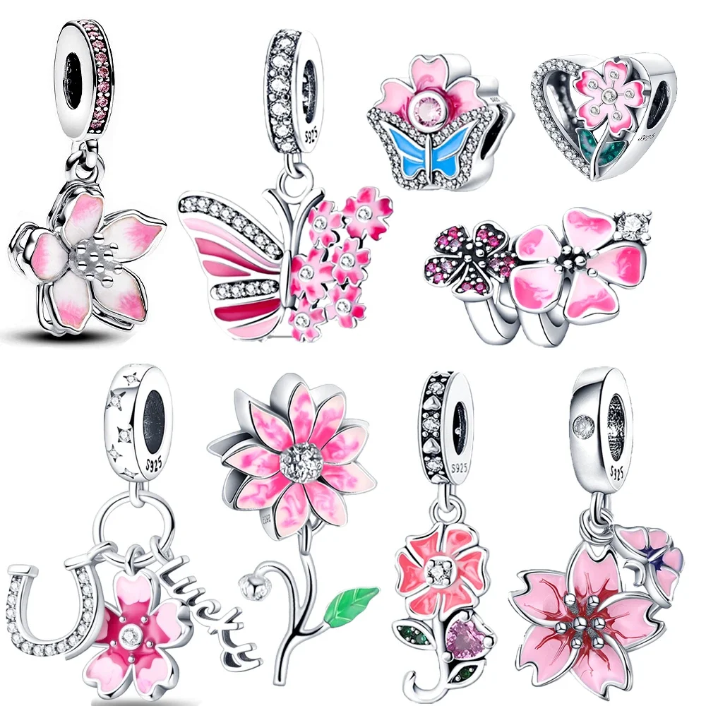 Charms aus Sterlingsilber 925, Kirschblüten-Serie, Blumen, passend für Original-Damenarmbänder, DIY-Herstellung von edlen Schmuckgeschenken