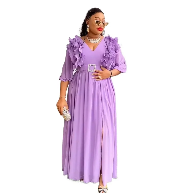 

African Party Evening Wedding Dresses for Women 2024 Summer V-neck Polyester 3/4 Sleeve Long Maxi Dress Gowns Africa Clothing