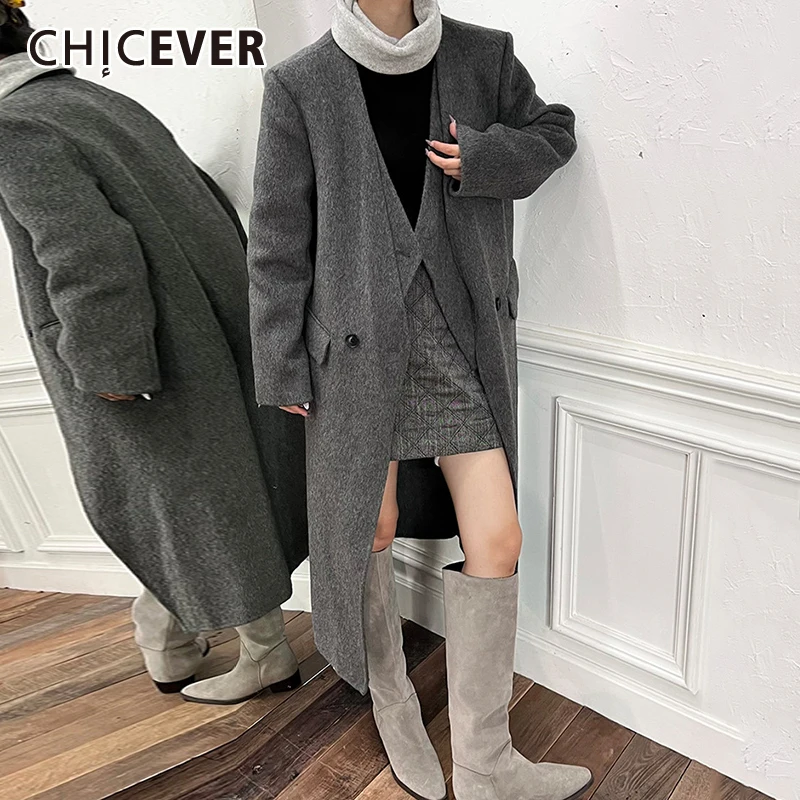 CHICEVER High Street Fashion Coats For Women Lapel Long Sleeve Patchwork Double Breasted Chic Wool Jackets Female Winter Clothes