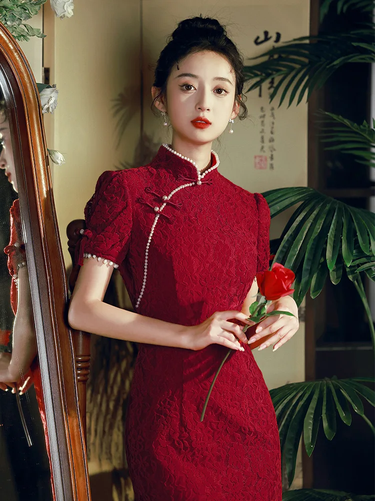 FZSLCYIYI Sexy Beade Mandarin Collar Short Sleeve Qipao Evening Dress Women Formal Gowns Ladies Wedding Cheongsam Robe De Soiree