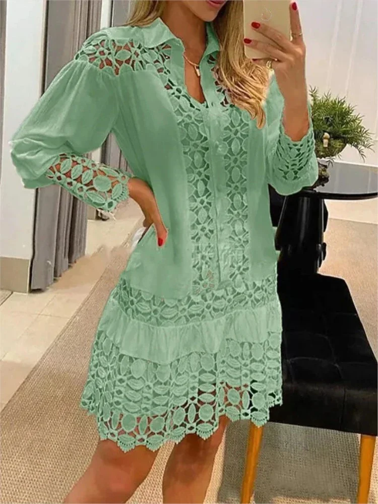 Mulheres rendas costura sexy oco para fora e vestido transparente não forrado elegante escritório primavera casual manga longa camisa branca vestido