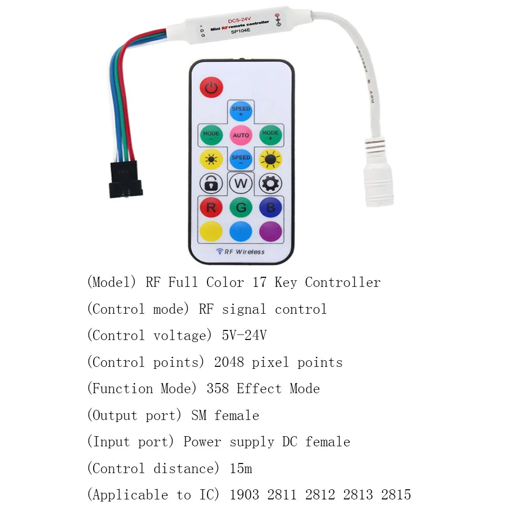 WS2815 WS2813 LED Light Controller Four Wire Full Color Controller RF 17key 21Key Remote Wireless+Fantasy Effect 4pin SM JST RGB