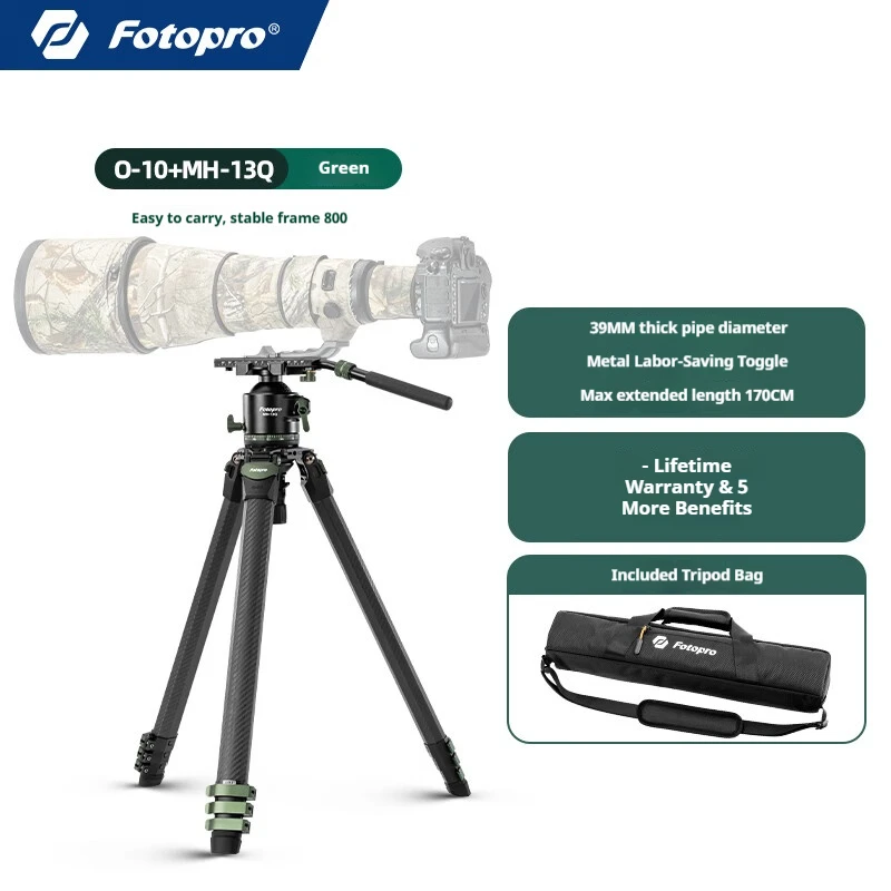Fotopro Origin O10+MH-13 High-End Carbon Fibre Tripod (Dynamic Ball Head Kit) – 39mm Leg Diameter – Stable for Heavy Duty Lenses