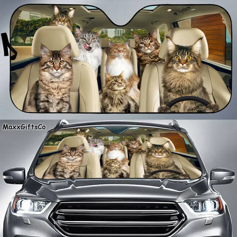 

Maine Coon cat Car Sun Shade, Maine Coon cat Windshield, Maine Coon cat Family Sunshade, Cat Car Accessories, Car Decoration, Gi