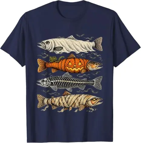 Halloween-Forellen-Fisch-Geister-Kürbis-Skelett-Mumien-T-Shirt Gruseliges Angeln Halloween-Kostüm Y2k Horror-Fischerkleidung – Detail 12