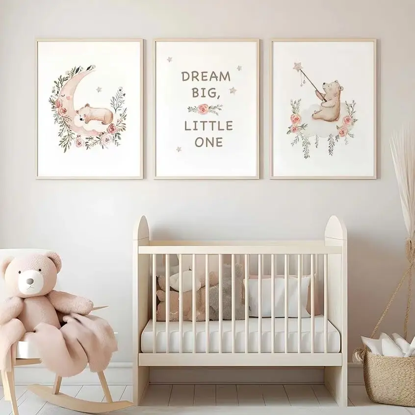 

Nursery Flower Wall Art, Cute Teddy Bear Moon Quotes Canvas Painting, Baby Poster Print for Kids Boy Girl Bedroom Decor