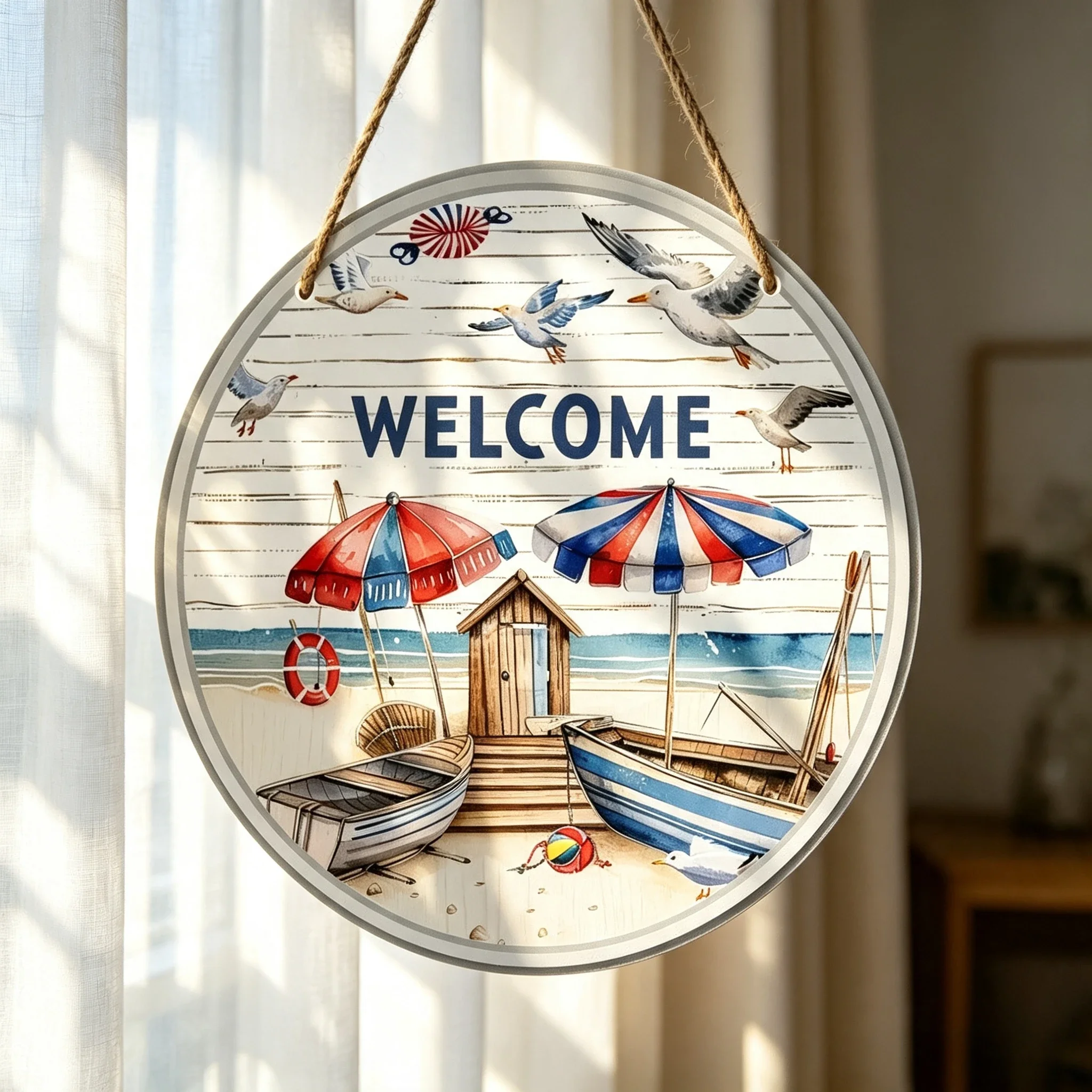 Nautical Seagull Striped Beach Umbrella Acrylic Front Door Wall Ornament