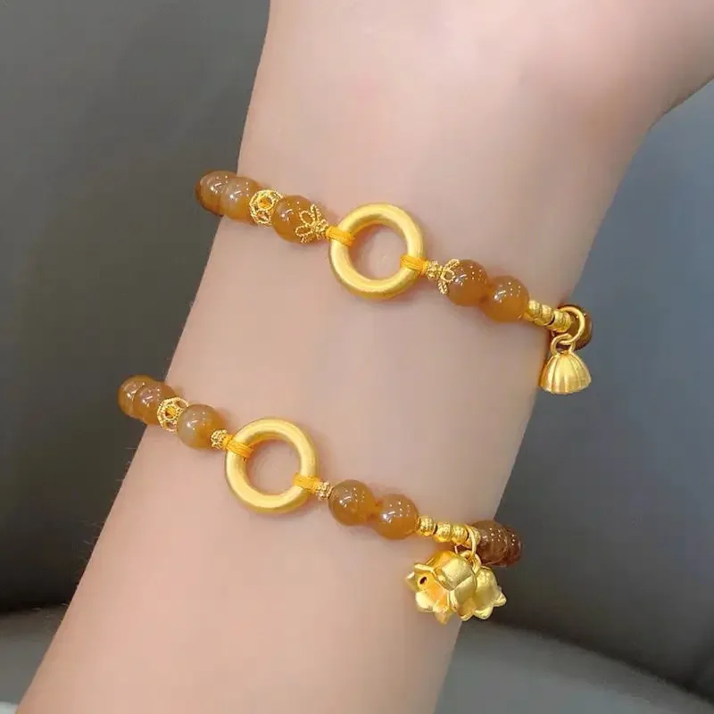 Cute Girl Natural Stone Round Bead HandString Safe Buckle Bracelet Women's Gold Color Lotus Canopy Lilies Charms for Girlfriend