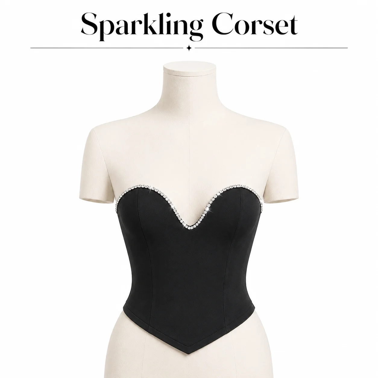 Women's Sexy Black Strapless Rhinestone Trim Corset Top Sweetheart Neck Form Fitting Cropped Bustier Crop Top