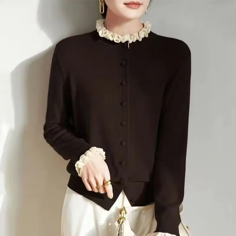 Fungus Collar Knitted Cardigan Women's 2025 Autumn Clothes New Loose Outer Fashion Long-Sleeved Sweater Jacket