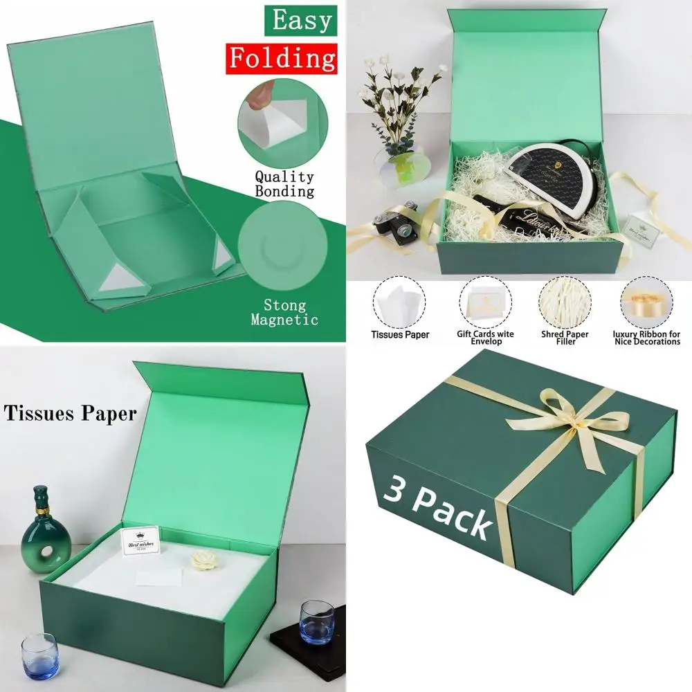 

Extra Large Green Luxury Gift Box with Magnetic Closure for Special Occasions, Includes Card, Ribbon, Tissue, and Filler
