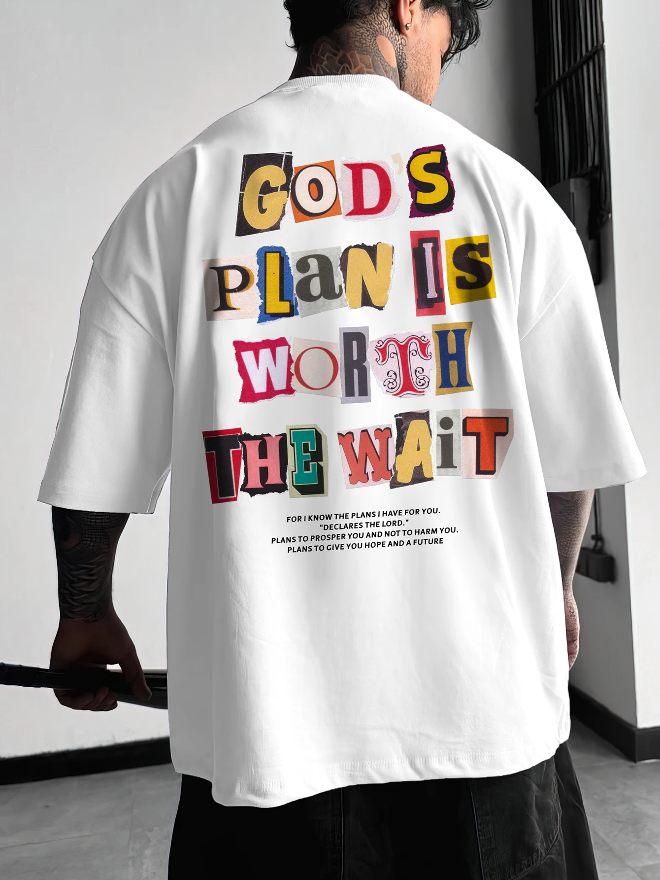 Men's Oversized Christian Faith T-shirt God's Plan Is Worth The Wait Collage Graphic Print Loose Fit Cotton Short Sleeve White C
