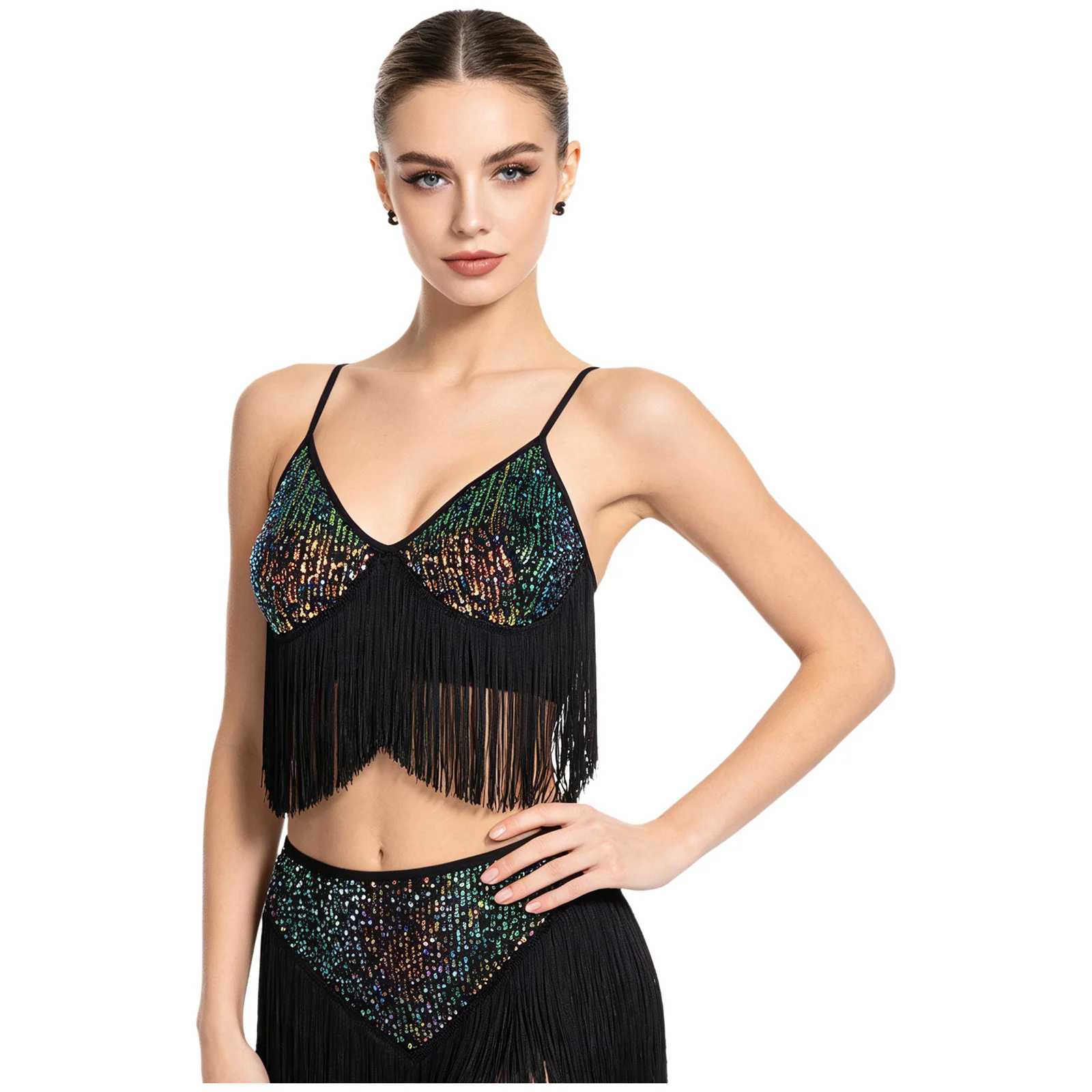 Women Glitter Sequin Latin Dance Crop Top V Neck Adjustable Straps Tassel Trim Padded Bra Fringed Top for Belly Dance Cha-cha